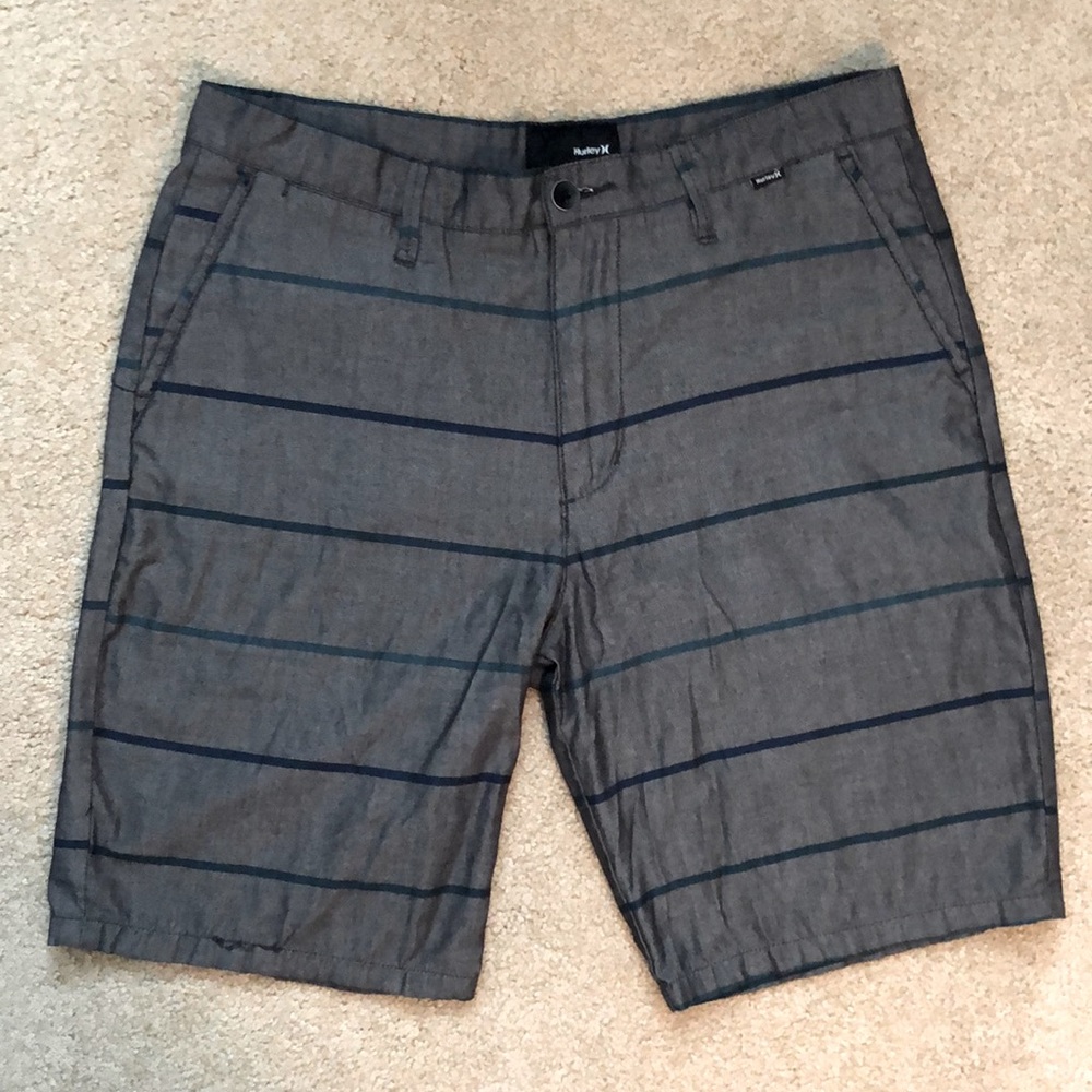 Men’s Hurley Flat Front Shorts, Dark Gray w/Blue & Teal Stripes, Size-32